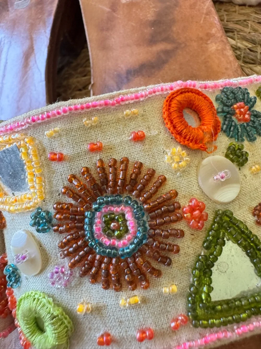 Embroidered Beaded Slide Sandals - Multicolor- boho, leather soles. - Picture 3 of 5